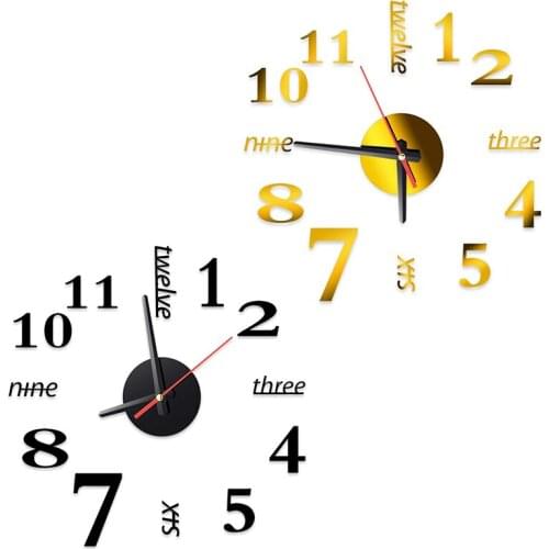 2 Pieces 3D Frameless Wall Clock Stickers Decoration DIY Wall Clock Sticker for Living Room Bedroom (Black and Gold)