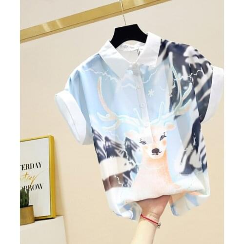 2020 Summer New Cartoon Deer Printed Chiffon Shirt Womens Short Sleeved Shirts Blouses Girls Lady Top Office Womens Tops Blusa