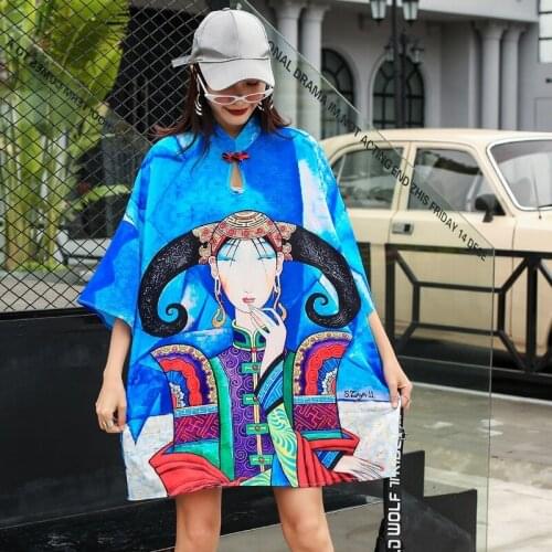 New 2021 Summer Chinese Dress Qipao Vintage Cartoon Print Cheongsam Dress Women Loose Oversized Dress Casual Vestido Mujer 12161
