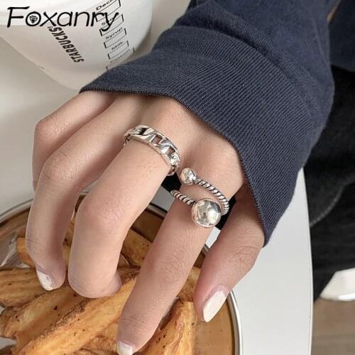 Foxanry Minimalist 925 Sterling Silver Fashion Exquisite Retro Womens Ring Geometry Manual Birthday Party Jewelry Gift