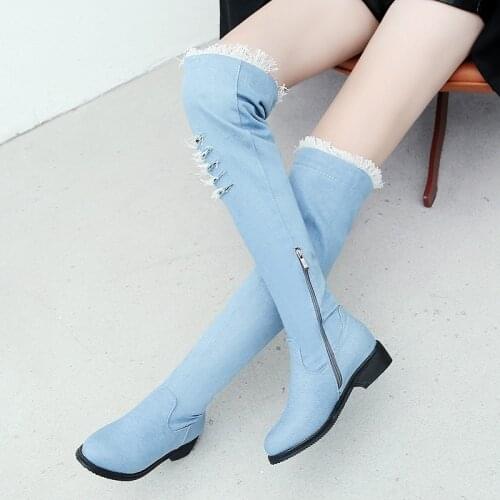 ASILETO women flat heels shoes blue jeans booties western cowboy broken denim thigh high boots botas zapatos chaussure S975