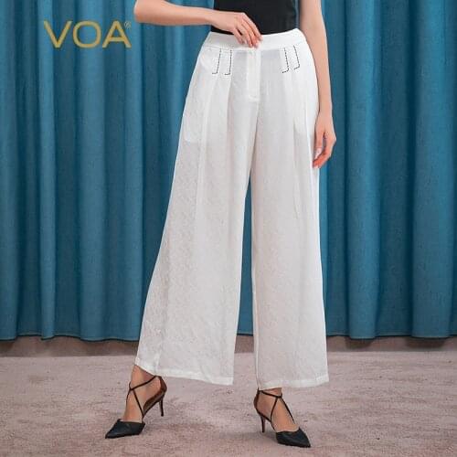 VOA Silk 22m/m White Trousers Jacquard Natural Waist Arch Needle Process Pocket Yi Li Kou Simple Leisure Wide Leg Pants KE73