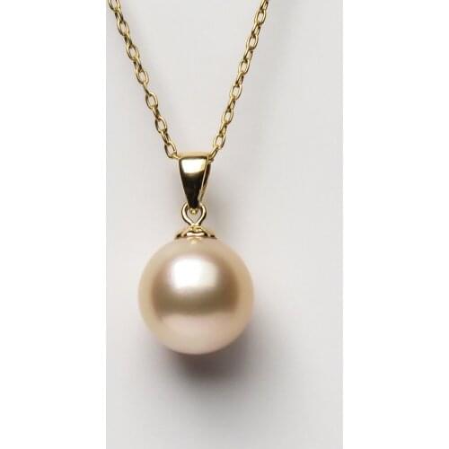Free Shipping 10.4mm Round Cream Real South Sea Cultured Pearl Pendant 9k Solid Yellow Gold