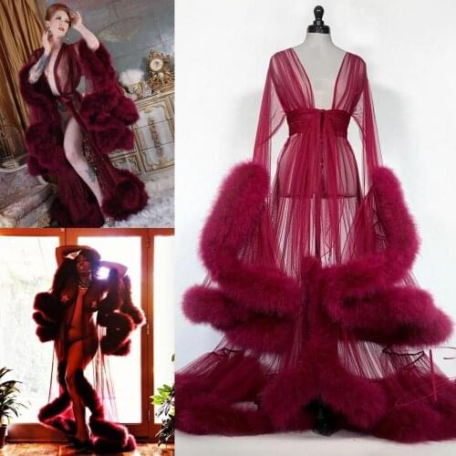 Burgundy Bridal Pajamas Tiered Ruffles Fur Bathrobes Evening Party Nightgowns Custom Made Womens Sleepwears