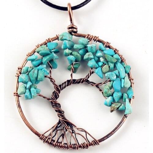 KFT Red Bronze Wire Wrap Tree of Life Stone Pendant Rope Chain Necklace Green Turquoises Stones Pendants Jewelry