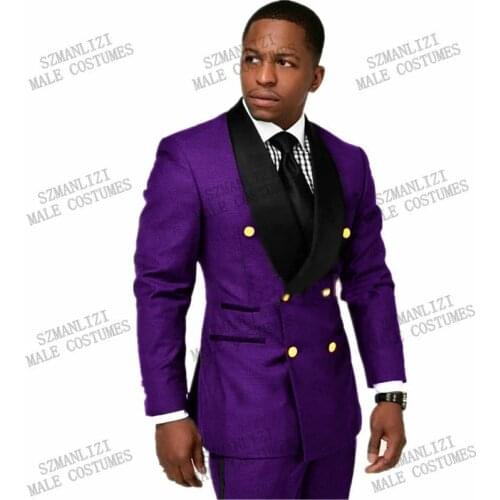 Purple Double Breasted Men Suits Gold Buttons Groom Wedding Prom Party Dinner Tuxedos Custom Made 2 Pieces Best Man Blazer