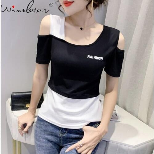 Summer Korean Style Cotton T-Shirt Sexy Off Shoulder Color Blocking Print Women Tops Bottoming Shirt Short Sleeve Tees T17302A