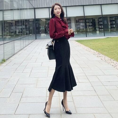 Fashion loose solid shirt new arrival elegant long trumpet skirt 2 pieces sexy high quality work style elegant office women set