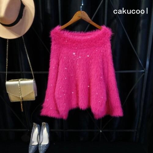 Cakucool New Faux Mink Hair Autumn Sweater Thick Long Sleeve Embellish Slash Neck Knit Top Loose Sexy Bling Sweaters Jumper Lady