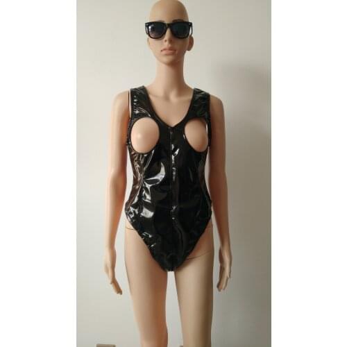 New Womens Lingerie Sexy Costumes Open Bust Sissy Catsuit Wetlook See-through PVC Faux Leather Zipper Crotch Teddy Bodysuit