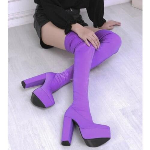 Charming Lady Violet Satin Over Knee Boots Chunky Heel Pointed Toe Boots Stretch Cloth Super High Heel Slim Leg Thigh Boots