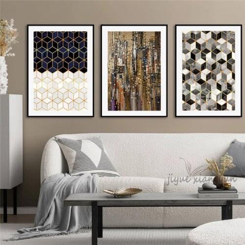 Nordic Blue Gold White Etc.Geometric Cube Posters and Prints Wall Art Canvas Painting for Living Room Home Decor Abstract Poster
