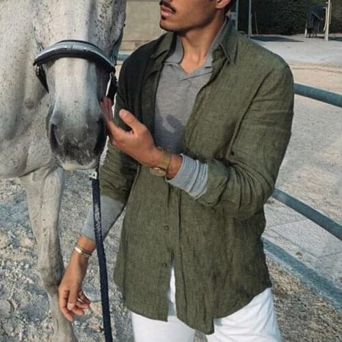 Casual Mens Cotton Linen Shirts 2021 Spring Fashion Solid Long Sleeve Loose Tops Retro Turn-down Collar Male Clothing Streetwear