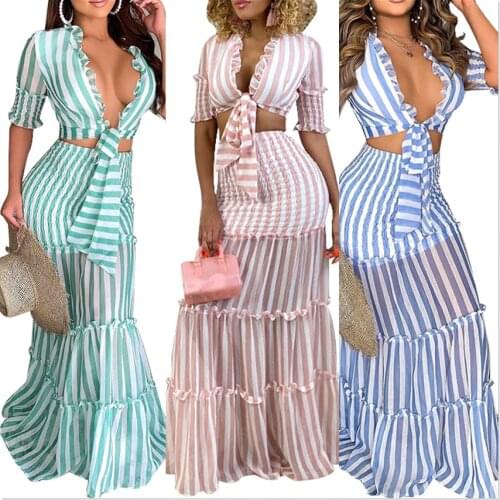 S-XL 2021 dresses for women fashion casual summer skirt two piece set Striped perspective slim sexy Wholesale Dropshipping