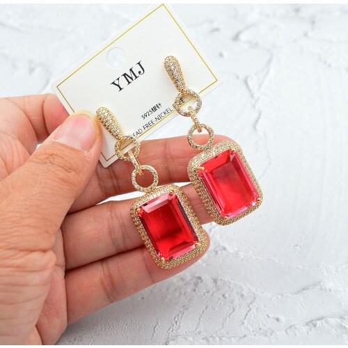 CINKILE Red Green Color Square Shape Zircon Water Earrings Large Long Drop Earrings For Women Bridal Wedding Party Jewelry Gifts