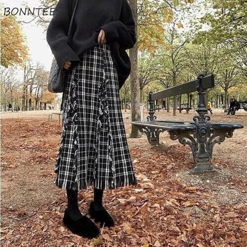 Skirts Women Elegant Autumn Winter Empire Tweed Tassels Falda Vintage Plaid Mid-calf Casual Office Lady Korean Preppy Style Chic