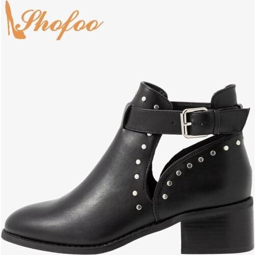 2021 Ladies Spring Casual Booties Shoes Black Rivets Ankle Boots Woman Buckle Strap Med Chunky Heels Round Toe Large Size 11 16