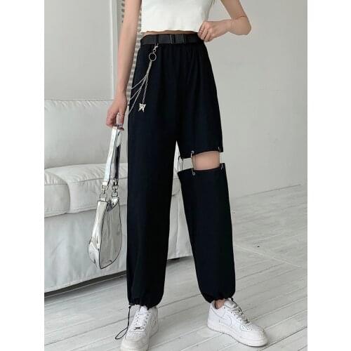 Womens Pants New Style Black Splicing Overalls Summer Thin Korean Fashion Loose Straight Leggings Trousers Harajuku Chain+Belt