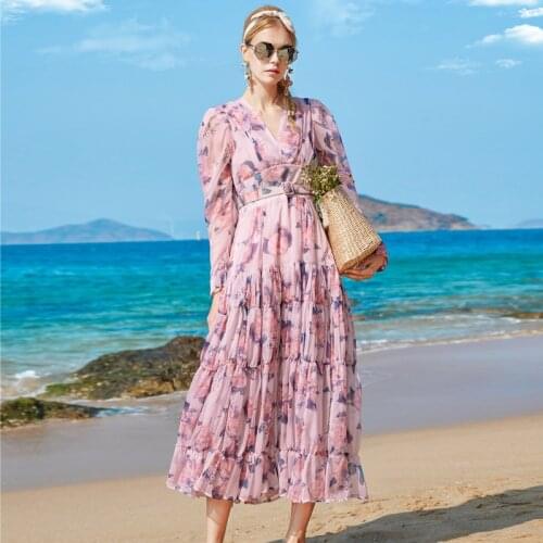 Runway Spring New WomenS Elegant Dress Romantic Banquet Fashion Holiday Sexy V-Neck Charming Vintage Elegant Print Long Dress