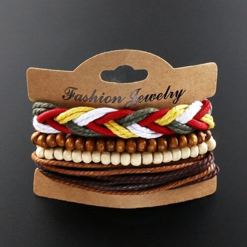 2021 Fashion Jewelry Vintage Hand Woven Bead Leather Set Bracelet Charm Multilayer Cuff Bracelet for Womens Accessories