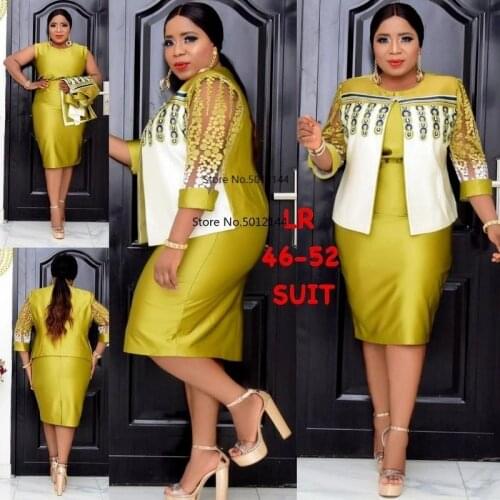 4XL 5XL Africa Plus Size Womens Dress 2 Piece Sets Spring Autumn New Round Neck 3/4 Sleeve Pleated Dress Large Size Clothes