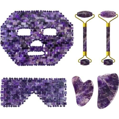 Amethyst Face Mask Jade Roller Gua Sha Board for Face Lifting Anti-wrinkle Natural Purple Crystal Eye Mask Facial Skin Care Tool