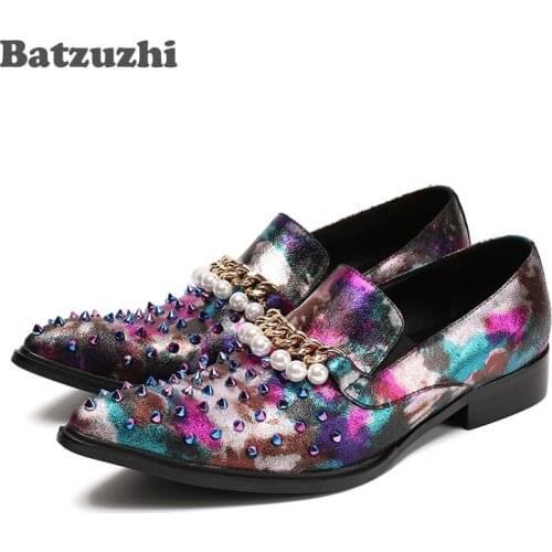Batzuzhi 2020 New Autumn Mens Shoes Pointed Toe Genuine Leather Dress Shoes for Men Muti with Rivets Pearls Party/Wedding Shoes