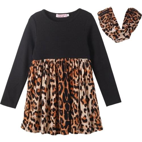 Black Vintage Fashion Big Girl Party Dress Autumn 2021 Childrens Ware Cheetah Print Neckerchief Size 3 5 7 Years Old