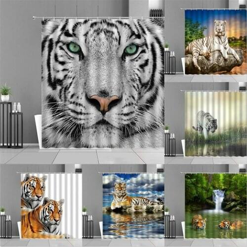 Wild Animal Tiger Shower Curtain Bengal Siberian Tigers Wildlife Forest Scenery Home Decor Waterproof Bath Curtains With Hooks