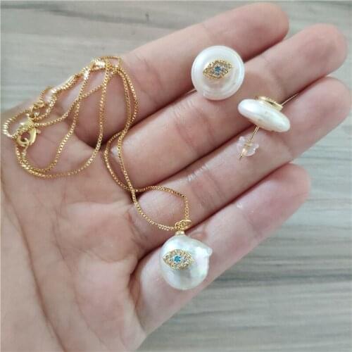 Women Jewelry Set White Cz Tiny Gold Evil Eye Blue Eye Protection Charm Coin Freshwater Pearl Stud Earring Choker Necklace