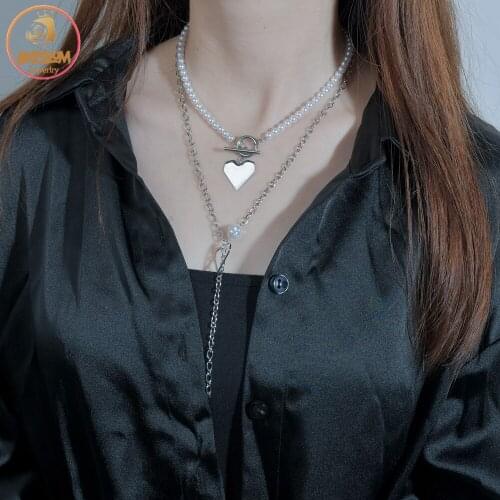 Akizoom ОТ-Buckle Double Layer Heart Pendant Stainless Steel Link Pearl Chain Necklace for Women Girls Jewelry Gift Freeshipping