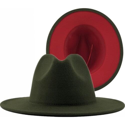 Outer Army Unisex Green Inner Red Wool Felt Jazz Fedora Hats with Thin Belt Buckle Men Women Wide Brim Panama Trilby Cap L XL