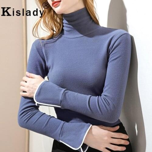 Kislady Winter Turtleneck Sexy OL Women Shirt High Street Flare Sleeve Patchwork Tops Shirt Korean Harajuku Slim Fashion Clothes