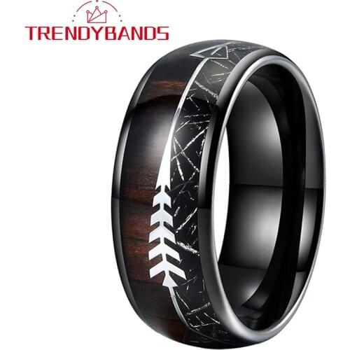 8MM Black Meteorite Ring Tungsten Wedding Band For Men Women Dome Band With Arrow Koa Wood Inlay Comfort Fit