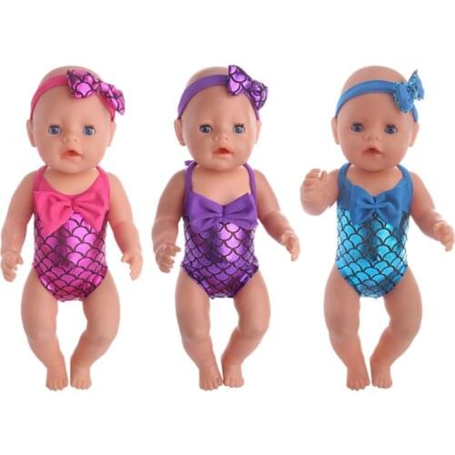 Short Mermaid Bow Sequined Swimsuit Fit 18 Inch American Doll And 43cm Baby New Born Doll，Our Generation , Gift For Childrens