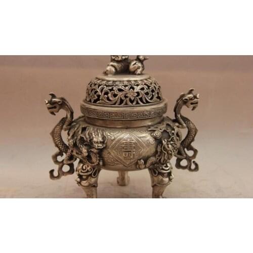 China White Copper Silver Foo Dog Lion Dragon Longevity Fu Incense Burner Censer