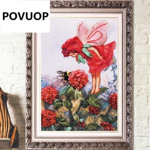POVUOP Ribbon embroidery fashion cartoon oil painting flower fairy paintings painting