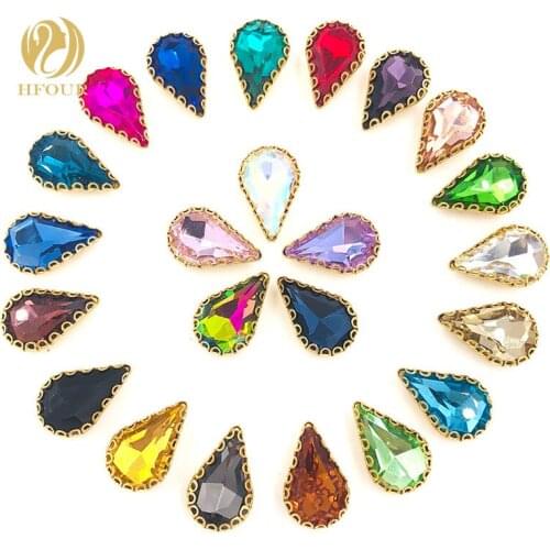 Hot 20pcs 8X13mm Teardrop flatback sew on rhinestones gold base pear shape losse rhinestones DIY wedding decoration Accessories