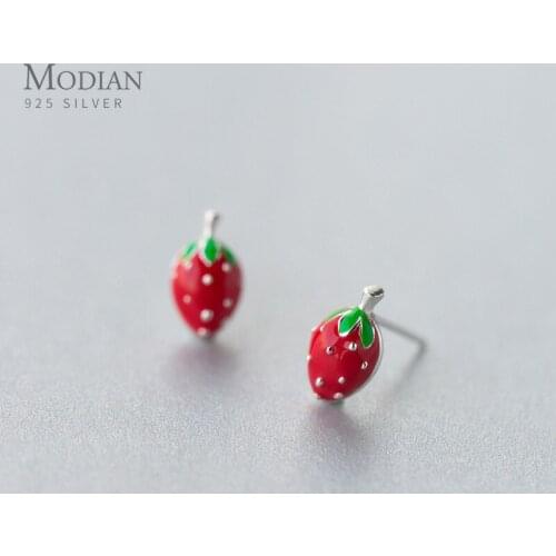 Modian Simple Cute Fruit Strawberry Small Stud Earrings 925 Sterling Silver Studs Ear For Women Statement Silver Jewelry Female