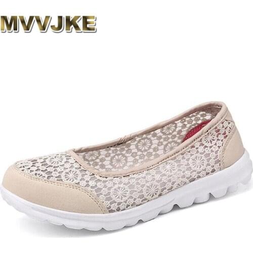 MVVJKE New breathable hollow lace mesh cloth shoes anti - skid old peoples flat shoes Woman Casual Sneakers Slip On Loafers