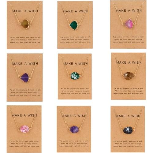 5 Colors Fan Shape Natural Stone Pendant Necklace Quartz Druzy Resin Beads Gold Link Chain Necklace with Wish Card Jewelry Gift