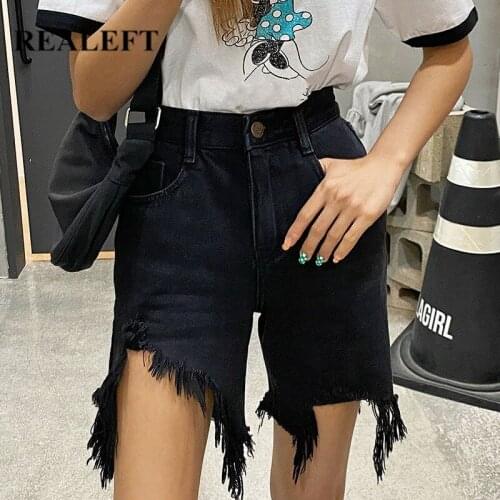 REALEFT Summer 2021 New High Waist Classic Denim Womens Half Pants Black Straight Tassel Female Chic Skinny Jeans Trouses