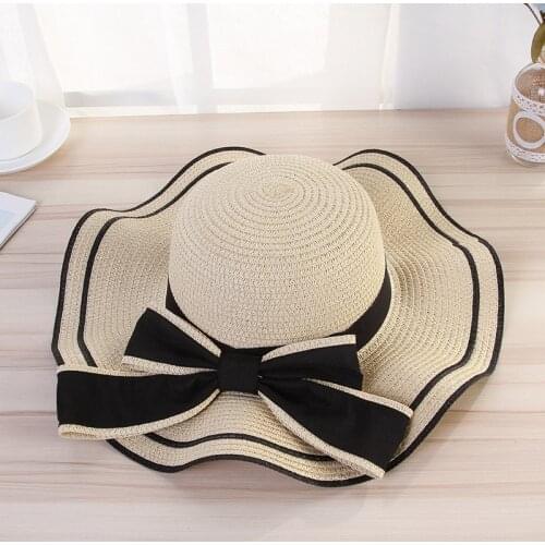 Straw Hats For Women Summer Bowknot UV Protection Caps Ladies Sunproof Wide Brim Beach Sun Hats