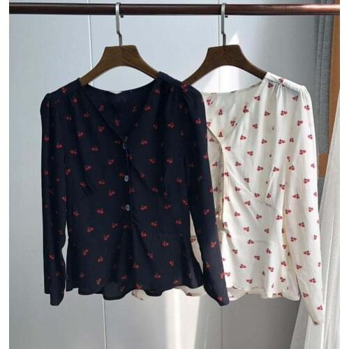 French Cherry Blouses Fashion Top Wrap Fresh Cherry Print Beige Women Shirt Top