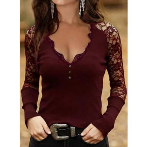 40# Womens Elegant Blouse Long Style Pullover V-neck Lace Bottoming Blouse Sexy Spring Autumn Blouse Top Блузка Женская