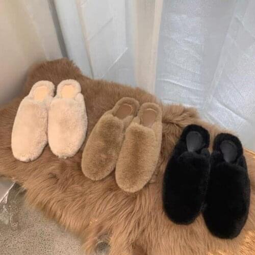 Slippers female mink hair Baotou outer wear fashionable all-match lazy lamb curly wool shoes female flat shoes hot selling new