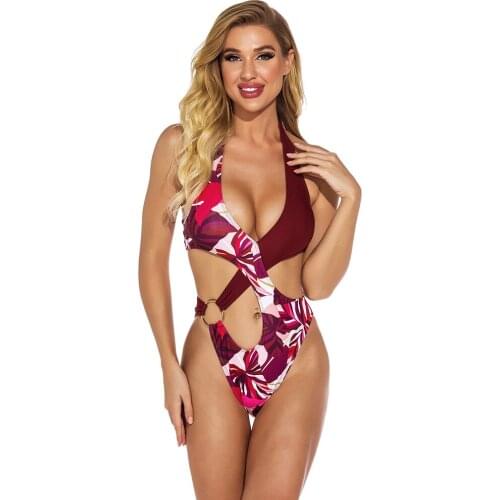 Women 2021 Hollow Swimming Suit One Piece Swimwear Vintage Halter Neck Halter Printing Stitching Sexy Bikini Bathing Suits Set