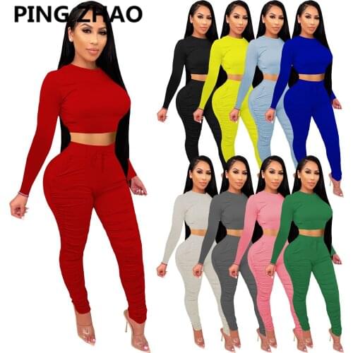 PING ZHAO Sweatsuit Womens Set Long Sleeve Crop Top Stacked Ruched Pants Set Active Tracksuit Two Piece Fitness Outfit Set