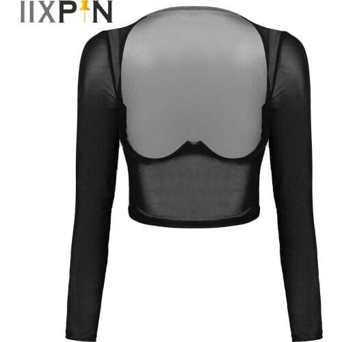 Womens Lingerie See-through Mesh Underwire Crop Top Long Sleeve Open Front Sheer T-shirt Tops Sexy Nightwear Sleepwear