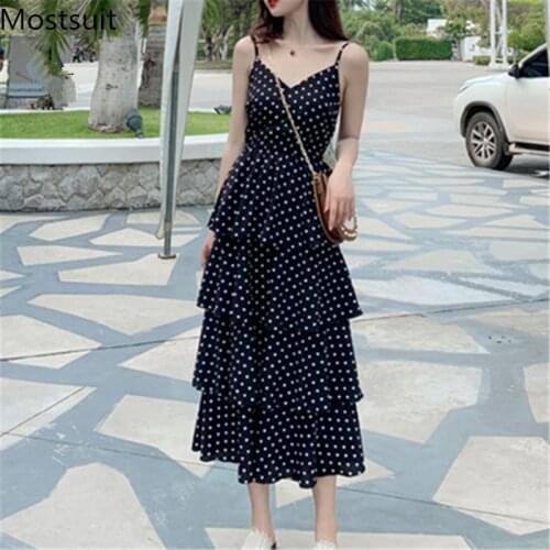 Dot Printed Mermaid Long Dress Women Summer Sleeveless Spaghetti Strap A-line Dresses Sexy Beach Holiday Ladies Vestidos 2021